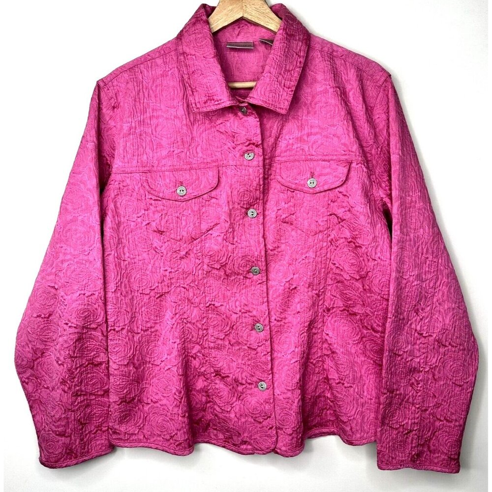 Chico's Womens Jacket Fitted Textured Pink Rose Silver Swirl Buttons Size 2